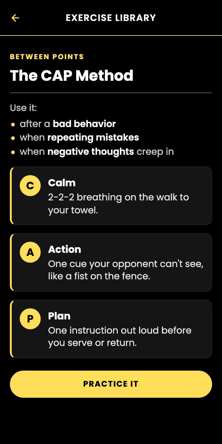 Exercise library in the app: the CAP Method, calm, action, plan between points