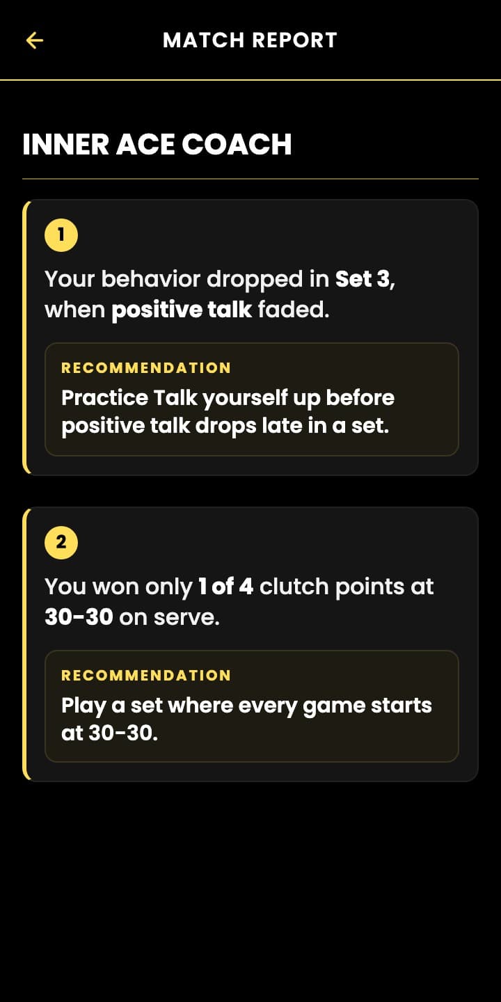 Inner Ace Coach in the app: findings from the match, each with a recommendation