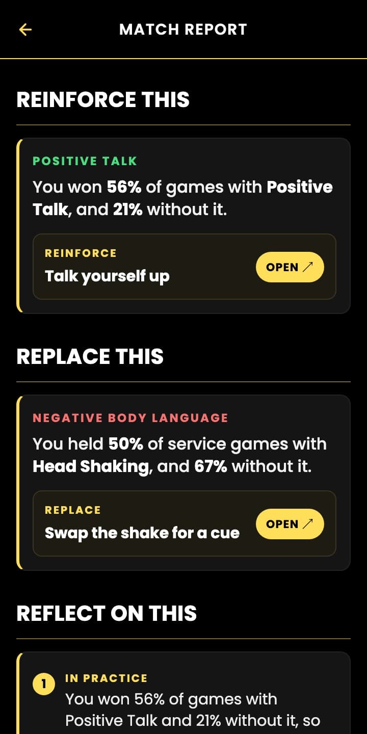 Match report in the Inner Ace app: the habit to reinforce and the habit to replace, each with an exercise