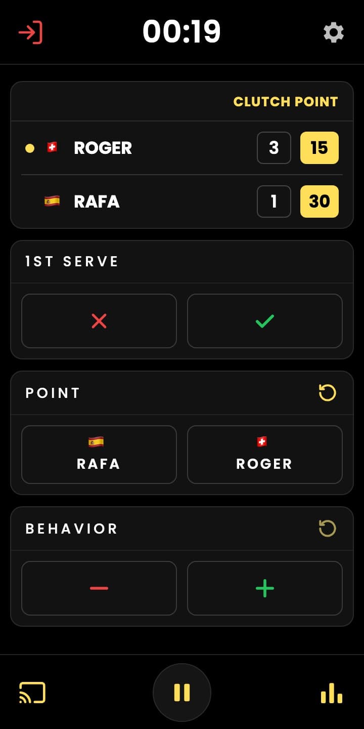 Live tracker in the app: score, clutch point, point winner and behavior buttons