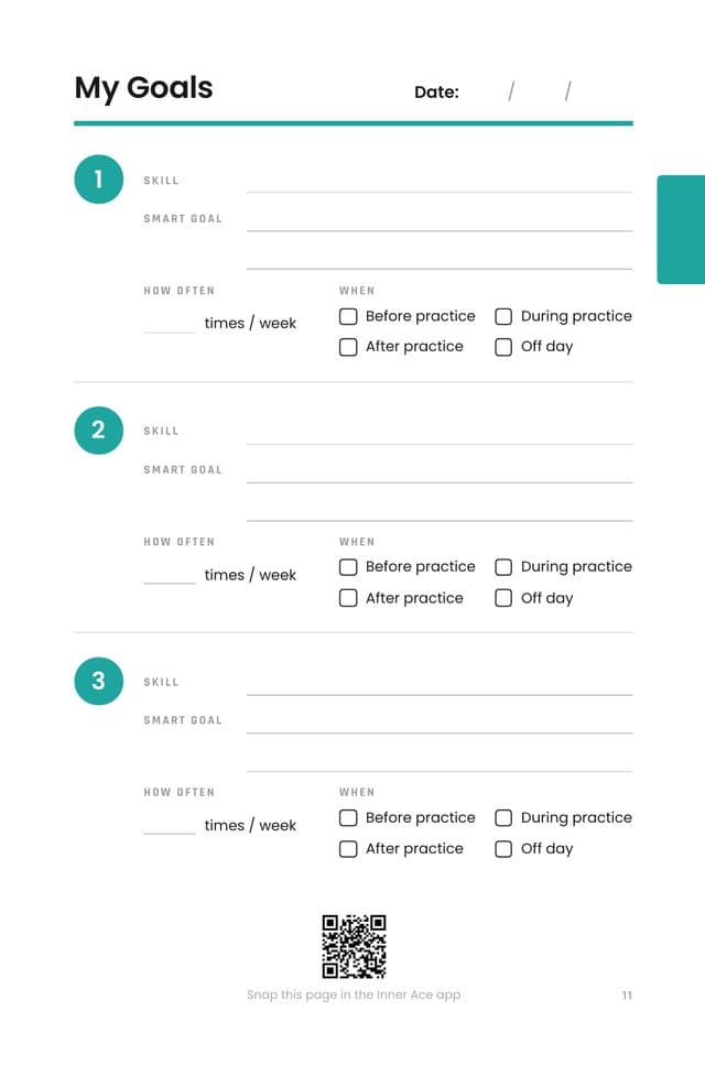My Goals page: three skills, each with a SMART goal, how often and when