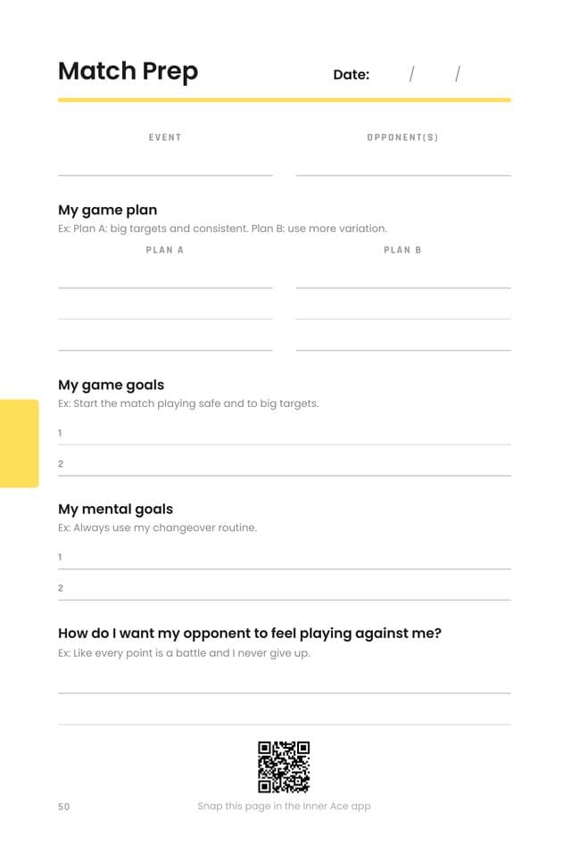 Match Prep page of the Inner Ace notebook: game plan, game goals, mental goals
