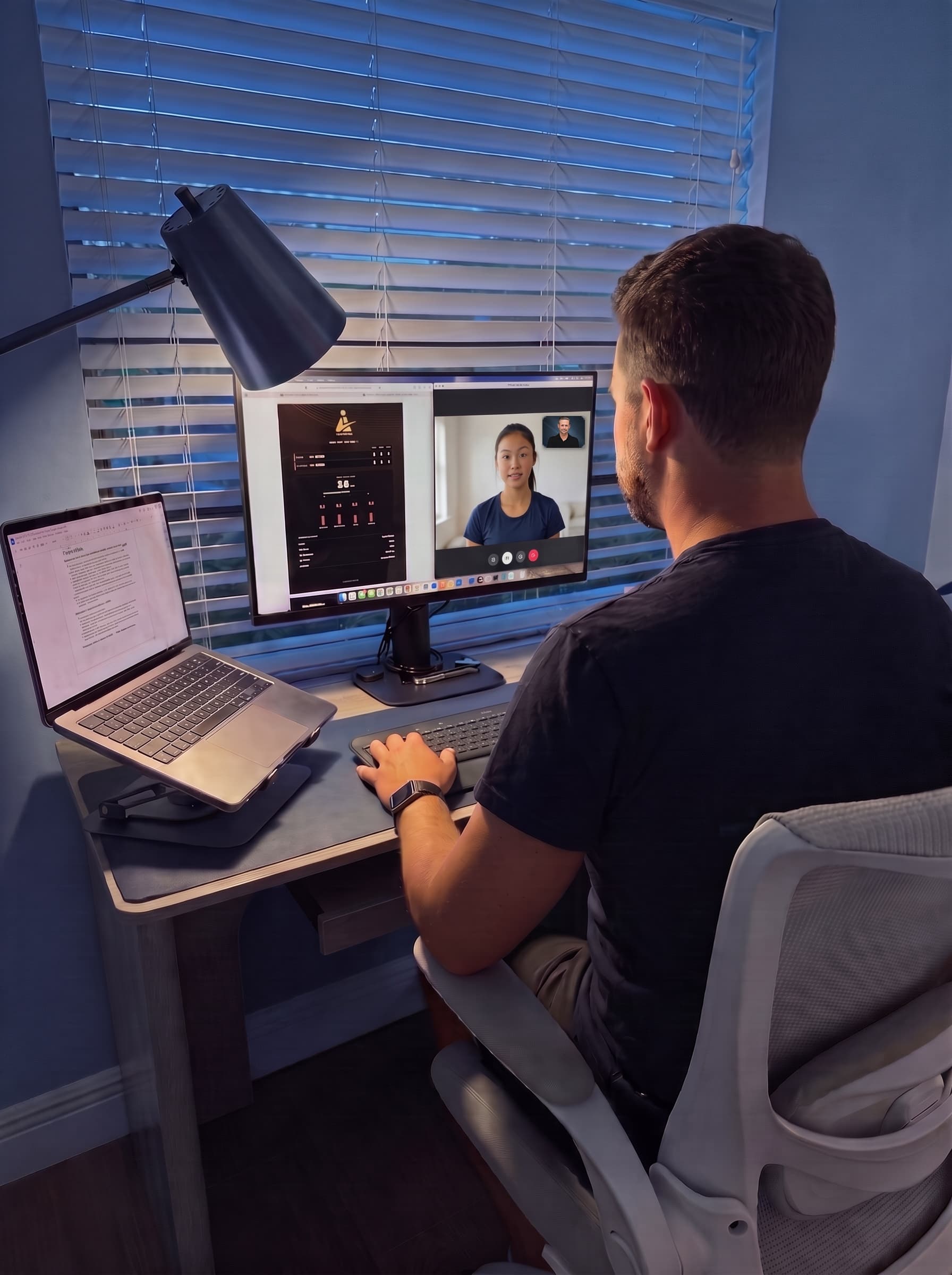 Alex Navrotchi on a video call with a student, an Inner Ace report on the other half of the screen