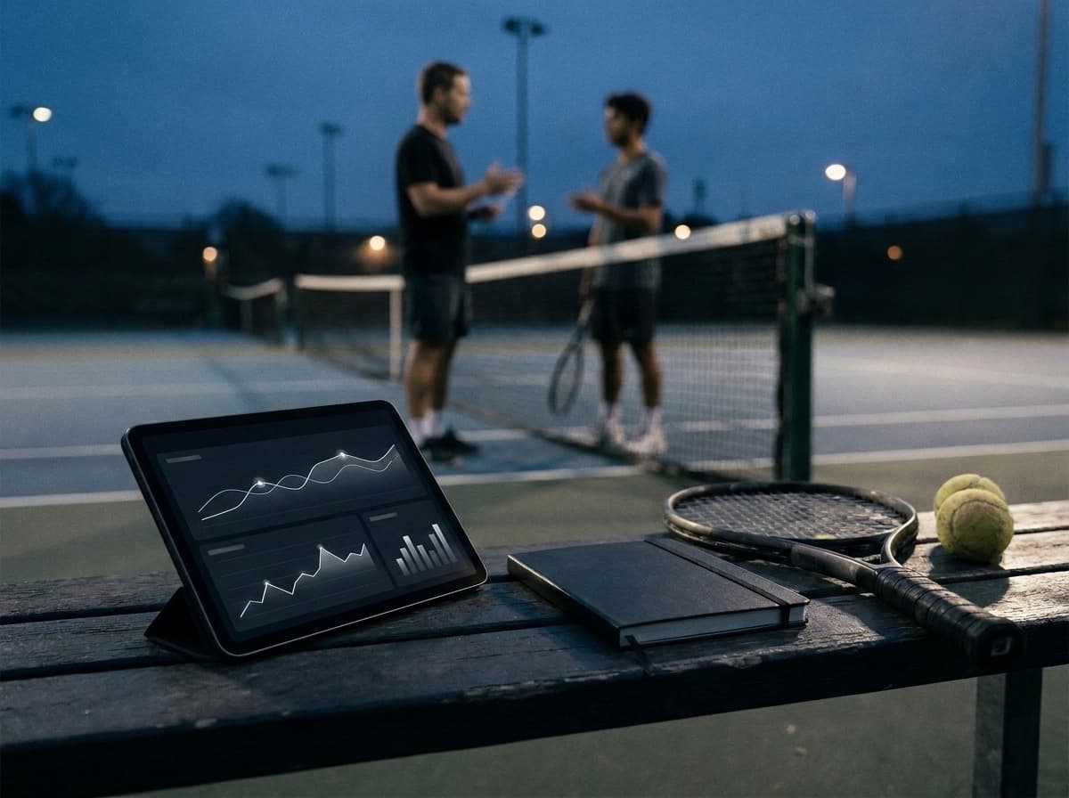 Alex Navrotchi talking with a player at the net, an iPad with match graphs and a notebook on the courtside bench
